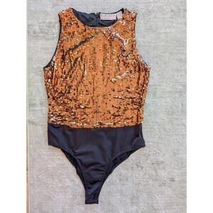 Vintage Oleg Cassini Black Tie Sequin Bodysuit 80s 90s Gold Black Evening Party